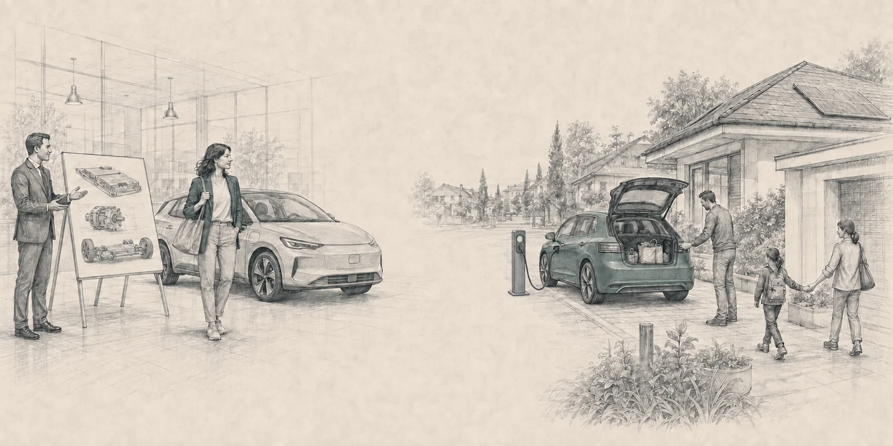 Karakalem panoramada satıcı teknik çizimler ve elektrikli aracı anlatırken yanındaki müşteri, sağda şarja bağlı elektrikli otomobiliyle ailesinin günlük yaşamına bakıyor.