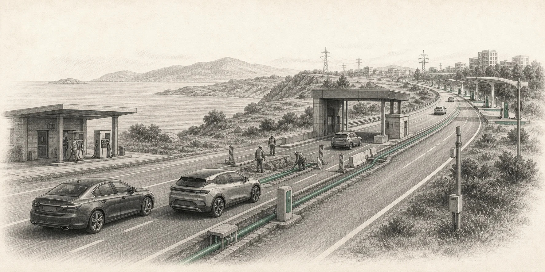 Karakalem panoramada içten yanmalı ve elektrikli araçlar, yol çalışması ve kontrol noktasının yavaşlattığı ancak şarj altyapısı artarak ufka devam eden aynı ulaşım koridorunda ilerliyor.