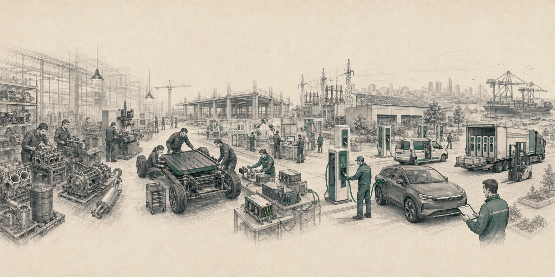 Karakalem panoramada içten yanmalı motor ve şanzıman parçaları üreten atölye, elektrikli araç batarya montajı, güç elektroniği, şarj altyapısı, güneş enerjisi ve ihracat ağına dönüşüyor.